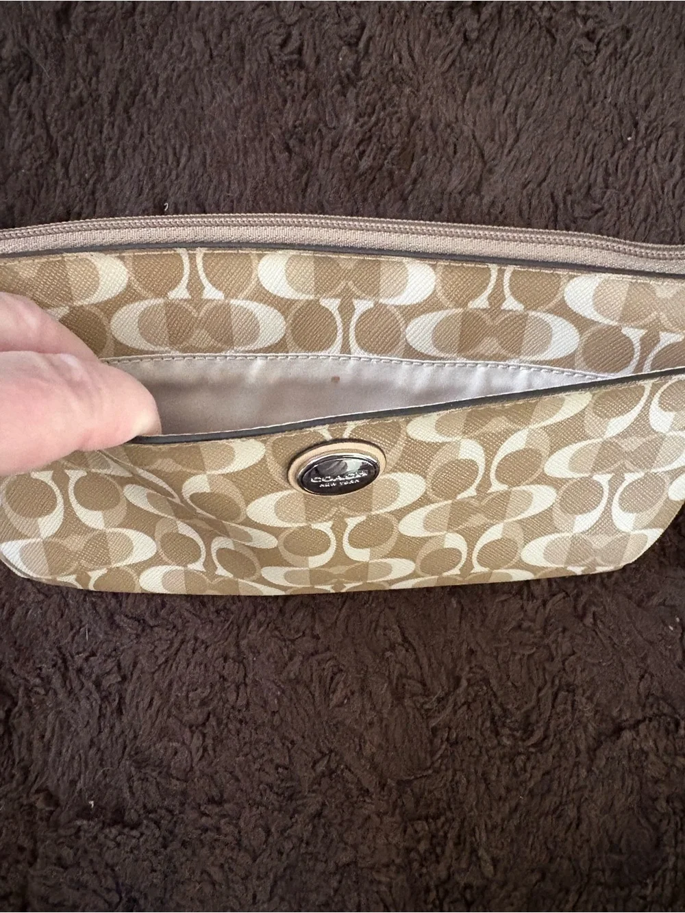 Coach Signature Leather Wristlet Clutch in Beige